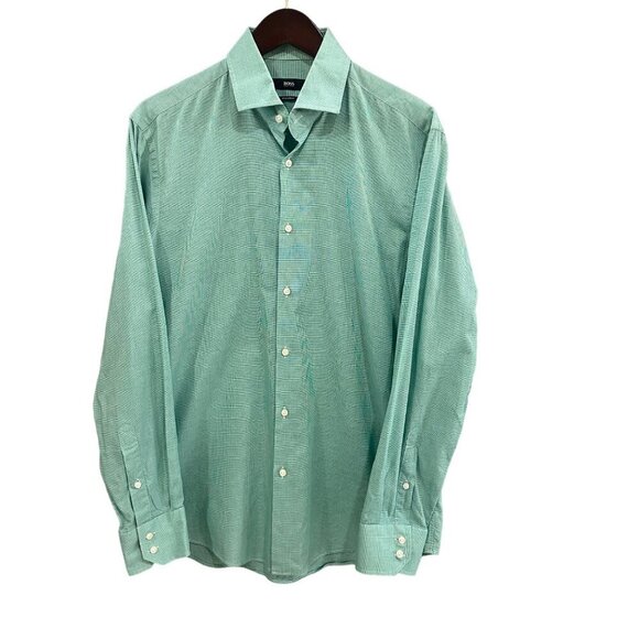 HUGO BOSS Men's Green Checked Regular Fit Dress Shirt - Size US 16, INT‎ 41 - Picture 1 of 8
